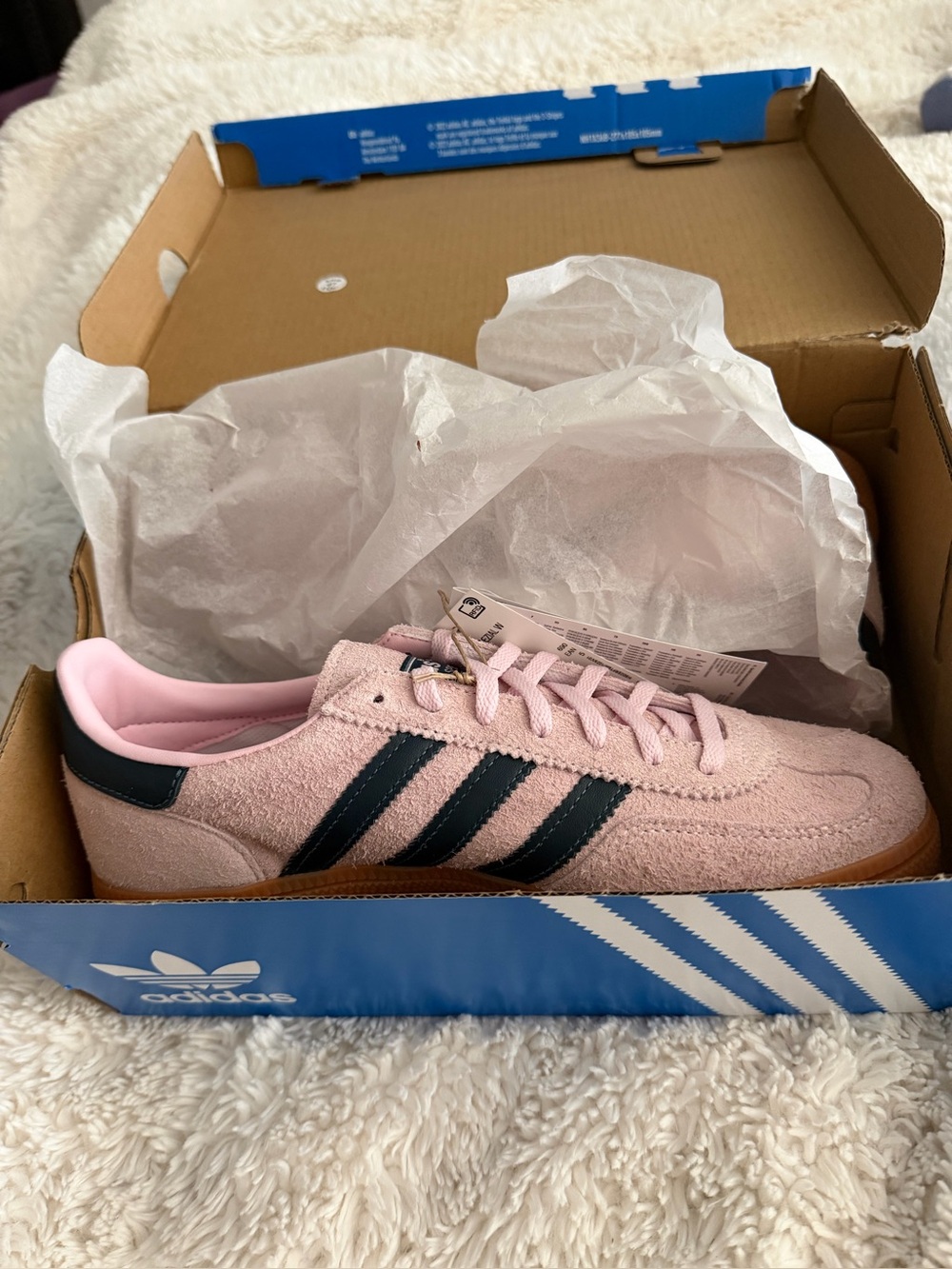 Adidas Ezpecials  6.5 M, 8 W, Pink Suede Sneakers with  Black Stripes.